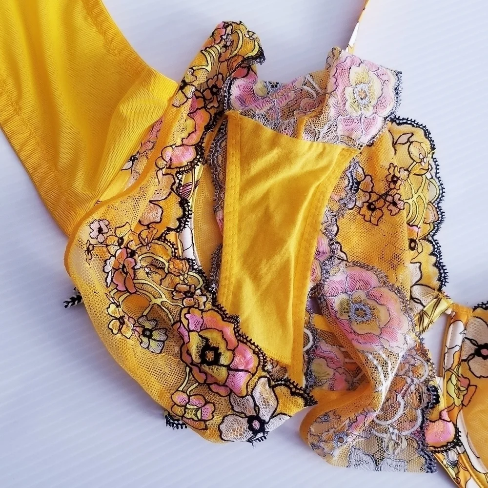 SAVAGE X FENTY Mod Poppy Bra & Panty Set 40D 1X Orange 🍊 Floral Lace